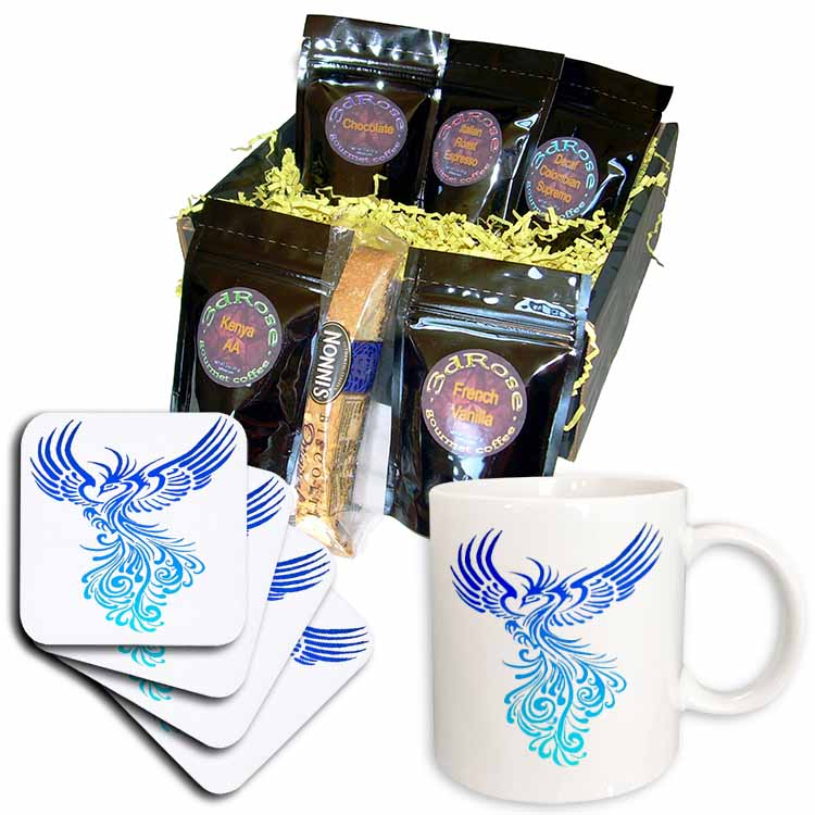 Rising From The Ashes Artistic Phoenix Aqua Blue Ombre On White Coffee Gift Basket