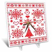 Christmas Cross Stitch Embroidery Sampler Red And White Desk Clock