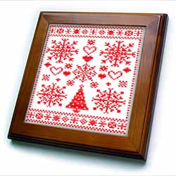 Christmas Cross Stitch Embroidery Sampler Red And White Framed Tile