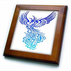 Rising From The Ashes Artistic Phoenix Aqua Blue Ombre On White Framed Tile