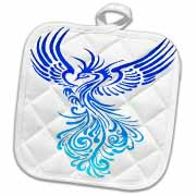 Rising From The Ashes Artistic Phoenix Aqua Blue Ombre On White Potholder