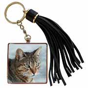 A close up head photograph of a stunning brown tabby cat Tassel Key Chain