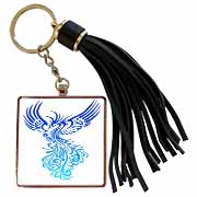 Rising From The Ashes Artistic Phoenix Aqua Blue Ombre On White Tassel Key Chain