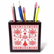 Christmas Cross Stitch Embroidery Sampler Red And White Tile Pen Holder