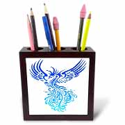 Rising From The Ashes Artistic Phoenix Aqua Blue Ombre On White Tile Pen Holder